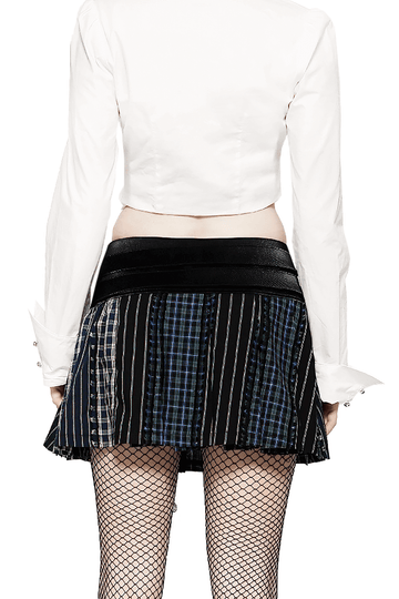 Chic Plaid and Striped Skirt with Faux Leather Waist
